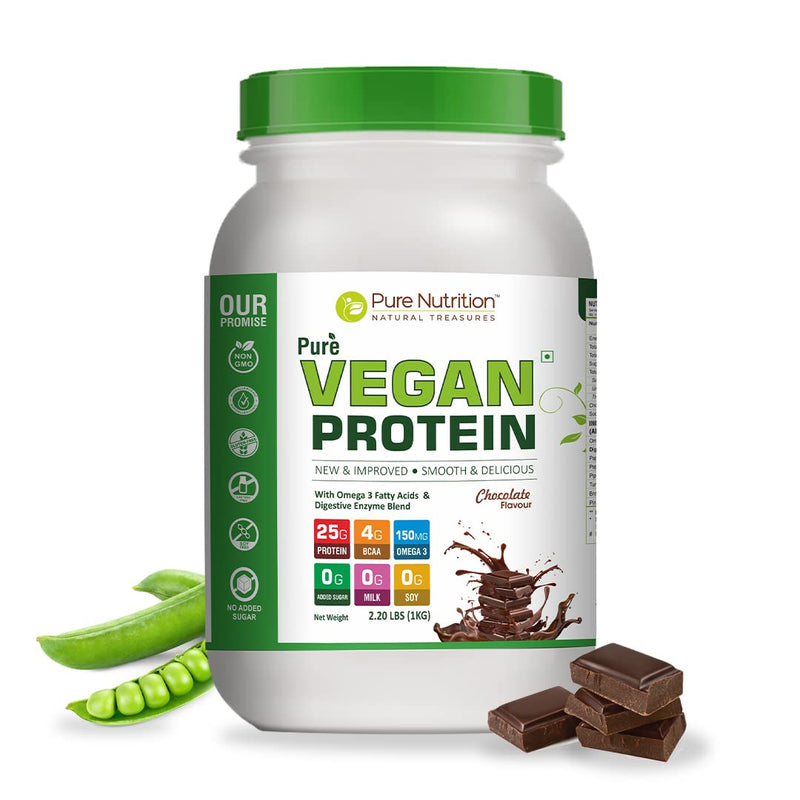 Pure Nutrition Plant Protein Powder for Men, Women -Chocolate, 1Kg, Sweetened with Stevia, Pea & Brown Rice Protein with Omega3, BCAA & Digestive Enzymes, Plant-based, Vegan Supplement for Muscle Growth & Strength, No Artificial Sweeteners