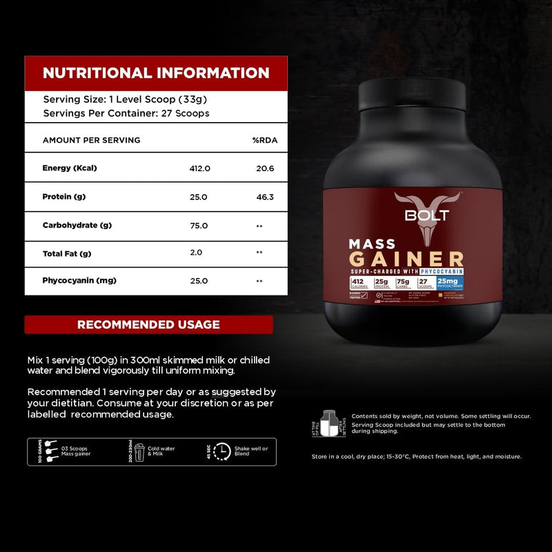 Bolt Mass Gainer | Weight Gainer | Supercharge With Phycocyanin | 25G Protein, 75G Carbs & 412 Calories Per Servings Muscle & Weight Gain Objectives |Piedmont Chocolate, Powder