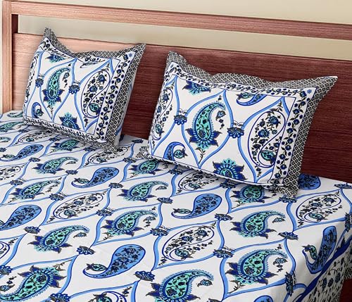 MADAM RUMANA 100% Cotton Bedsheets for Single Bed || Legant Jaipuri Bedsheet with 2 Pillow Cover || Size 70x100 Pillows 18 x 28 Inches (Blue)