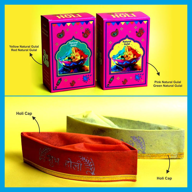 SPIRITUAL SOLUTIONS Holi Celebration Gift Box (HGB03) | Natural Herbal Gulal – Green, Pink, Red and Yellow | 2 Holi Cap | Holi T-Shirt | Gubbare | Chandan Tika | Shahi Thandai | Hand Towel