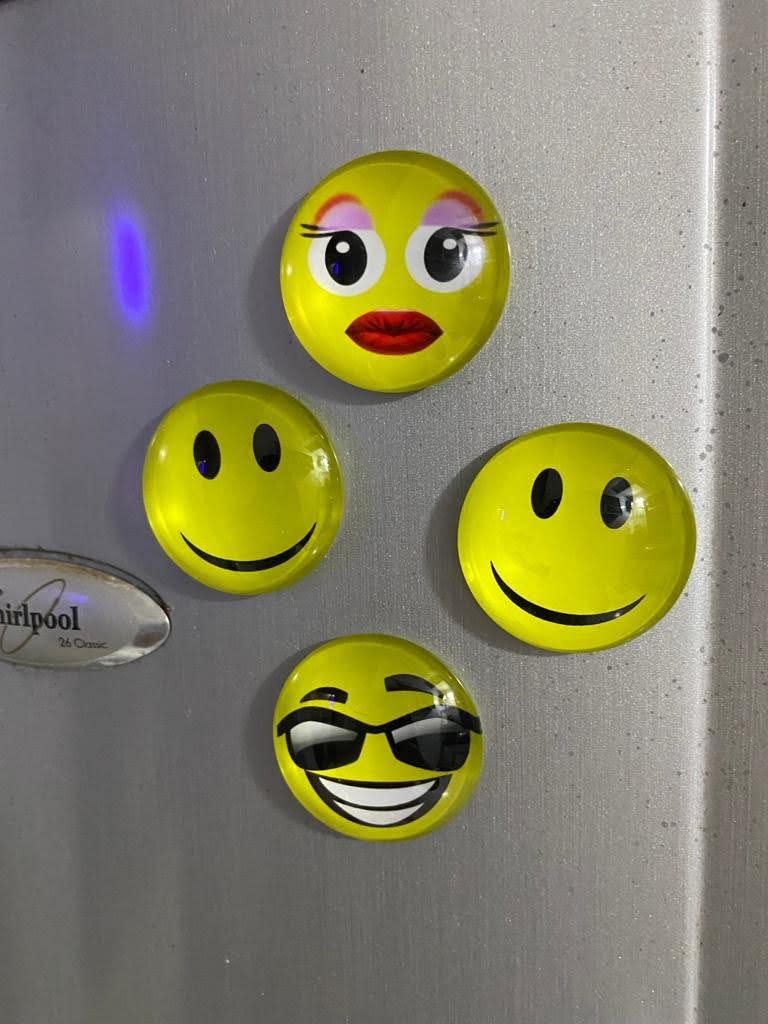 Vital Creations Round Cartoon Emoji Smiley Face Plastic Fridge Magnets Set of 4 (Yellow)