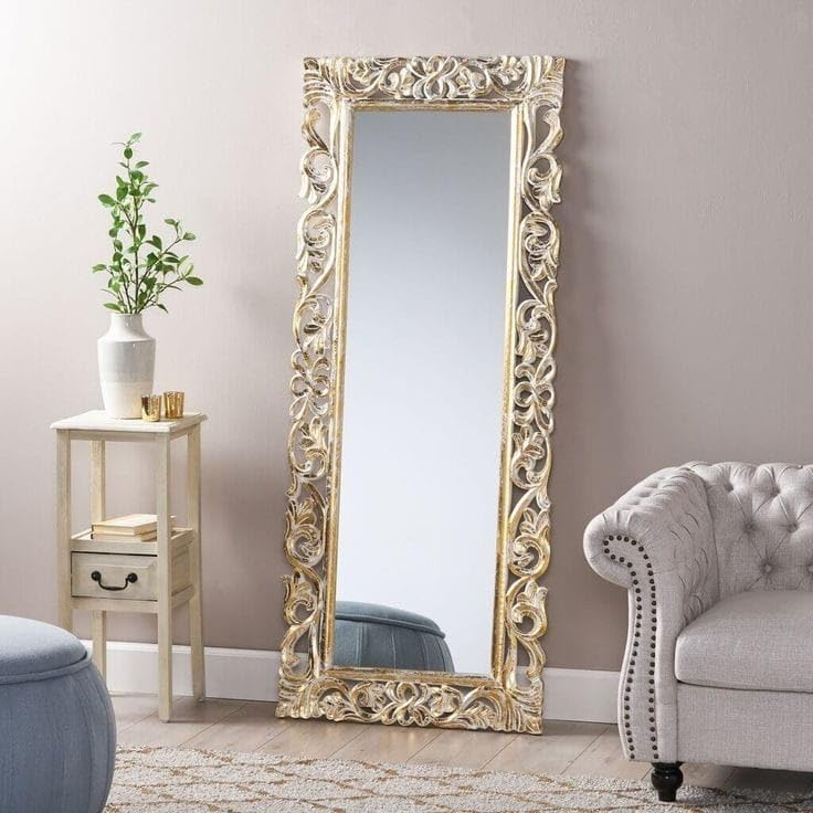 WoodIdea White Golg Mirror Frame Mango Wood Mirror Frame siz is 5 x 2 feet Only Frame with Out Mirror