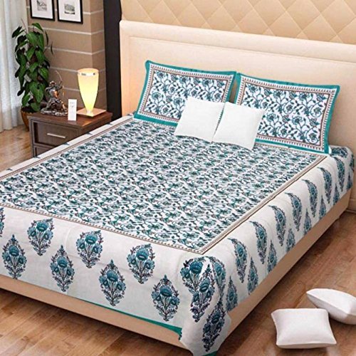 Abhishek Fashion 100% Cotton Premium 251 TC Digital Printed Traditional Queen Size Double bedsheet Bed Cover with and 2 Pillow Covers( C Green)