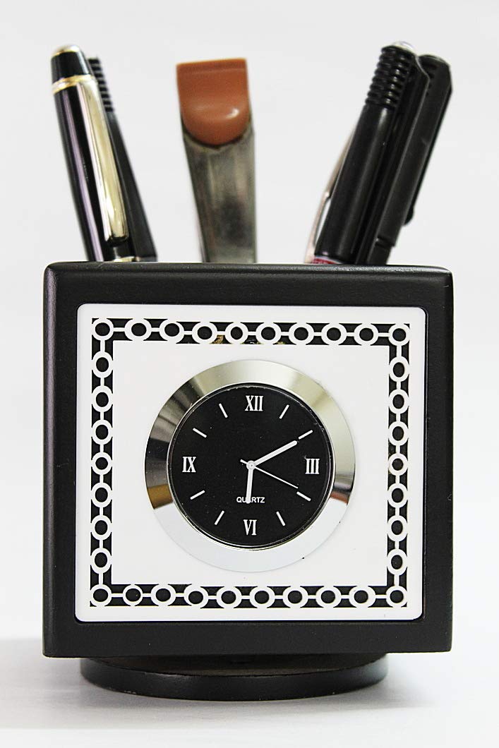 Laps of Luxury® Plastic and Glass Black Colour Revolving Table Clock Mobile and Pen Holder