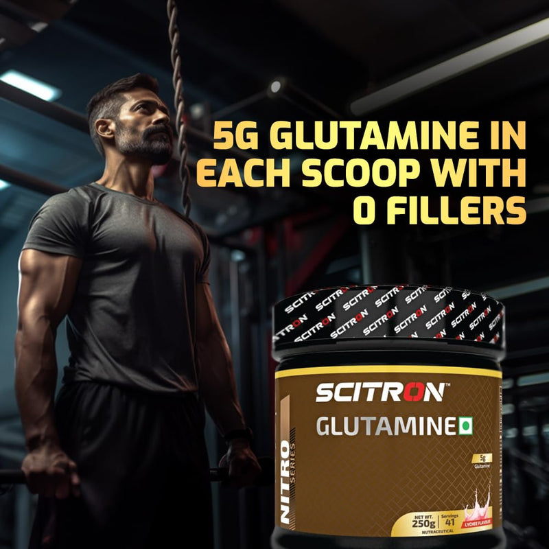 Scitron Nitro Series Glutamine 250g- Lychee Flavour | 5g Glutamine per Serving | Recovery & Muscle Support