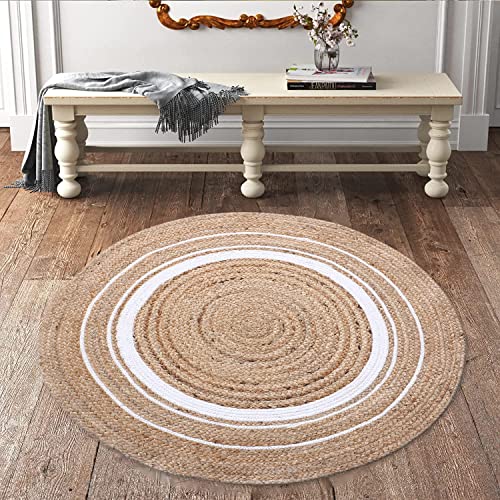 Kuber Industries Hand Woven Braided Carpet Rugs|Round Traditional Spiral Design Jute Door mat|Mat for Bedroom,Living Room,Dining Room,Yoga,60x60 cm,(White)