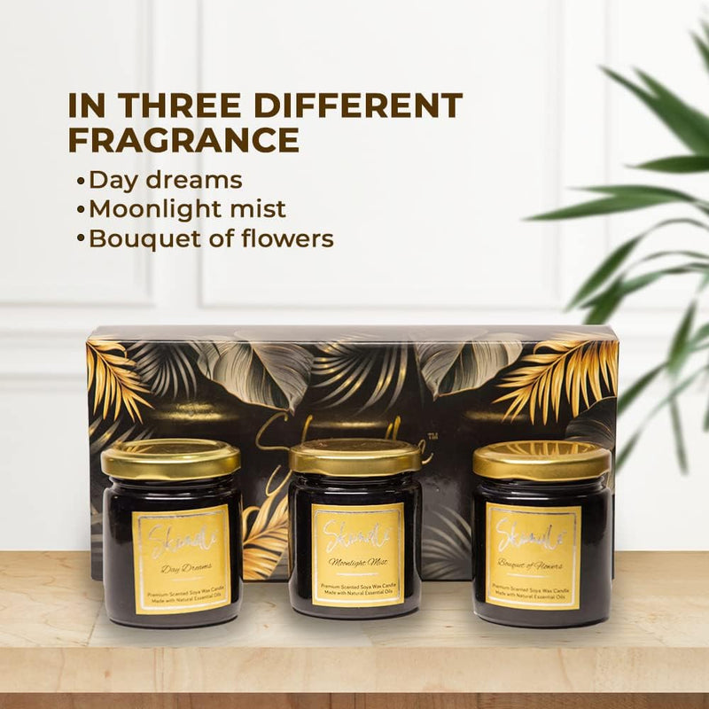 Skiindle Set of 3 Black Jar Candles with Exquisite Long-Lasting Aromatherapy Scent for Relaxation | Ideal Gift for Home Décor - Made with SOYA Wax, Lead-Free Wick & Natural Aroma Oils