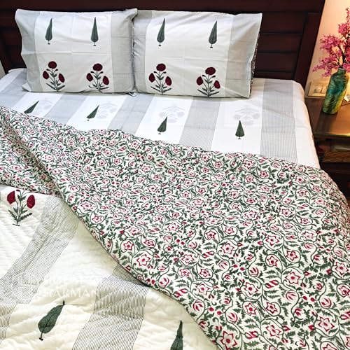 House of Harman Hand Quilted Mulmul Cotton Reversible Quilt I Hand Block Printed I Natural Vegetable Dyes (Flora Vista Elegance Quilt) (Pair of Singles- 60 * 90 inches)