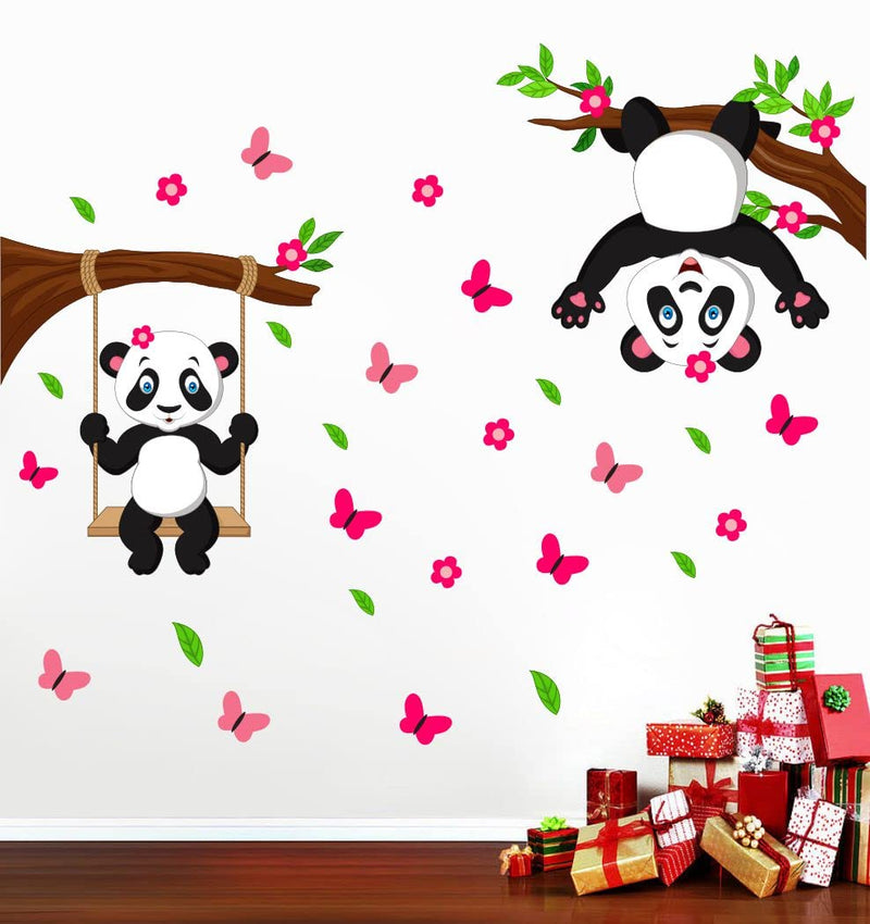 Delight Art Beautiful Hanging Pandas and Butterfly Design Wall Sticker Size - (88 * 68) cm