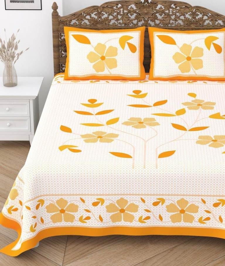 Kitch Deco™ Pure Cotton 210TC Floral Traditional 1 Double Bed sheet with 2 Pillow Cover (Off White Yellow)