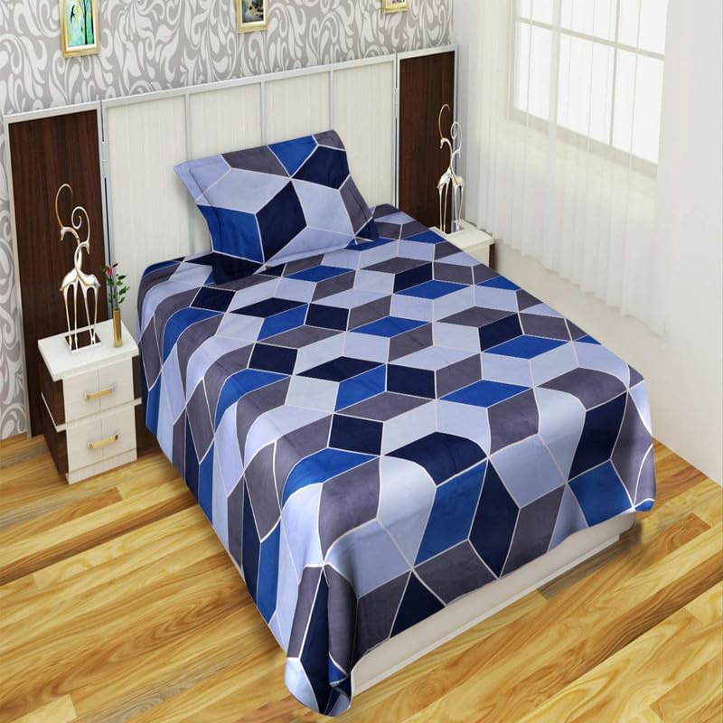 Amvy Creation Prime Collection 160 TC Glace Cotton Supersoft Single Bedsheet with 1 Matching Pillow Cover (Multicolour, Size 60 x 90 Inch) - Blue Grey Zigzag - Gold Single