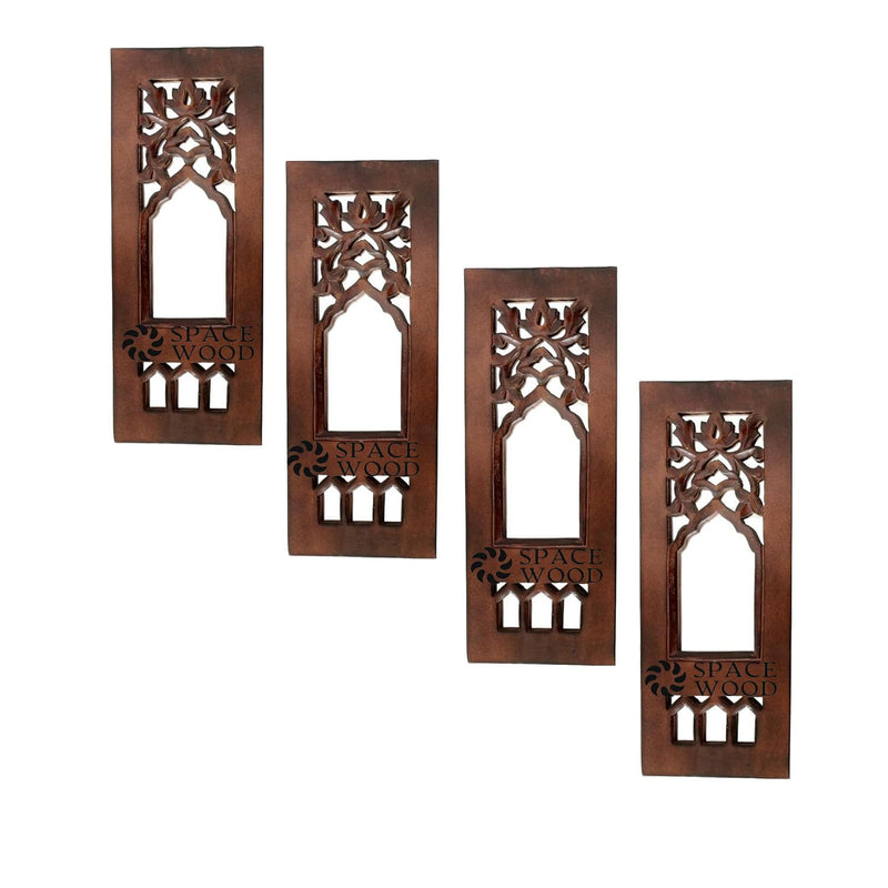 SPACE WOOD Wood Painted Wall Hanging Jharokha Inside Mirror, Wooden Wall Hanging, Wooden Wall Panel (12X4 inch Natural) Set of 4 (Rectangular) (Framed)