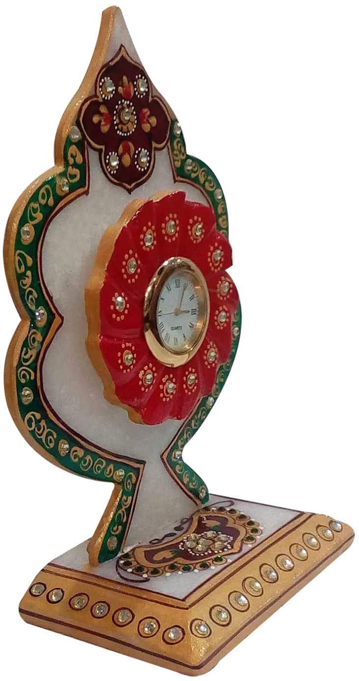 India Meets India Marble Meenakari Art Desk Clock Table Clock Handicraft by Awarded Indian Artisan (Design10)