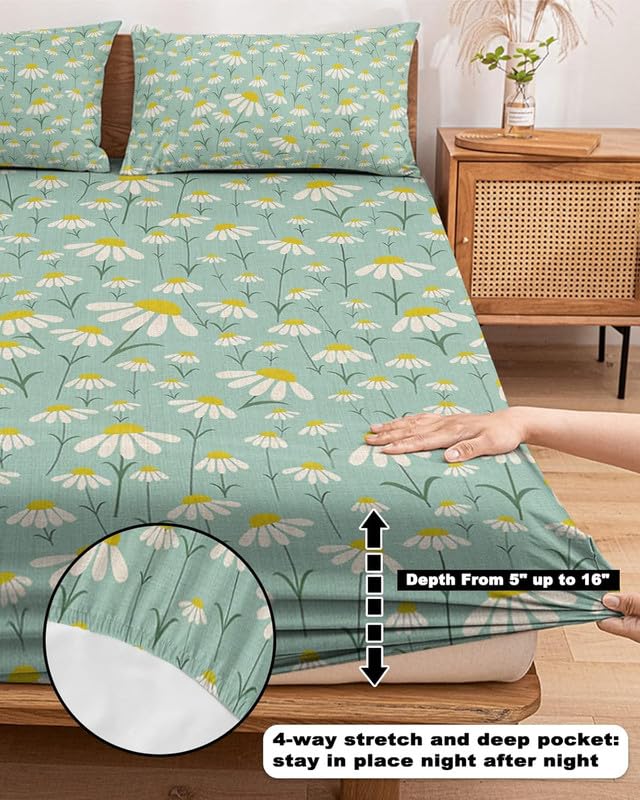 Vaastu Furnishings Prime Collection Ultrasoft Skin Friendly King Size Elastic Fitted Double Bedsheet with 2 Pillow Covers (Size 72 x 78 Inch) - Green with White Flowers Gold Fitted1