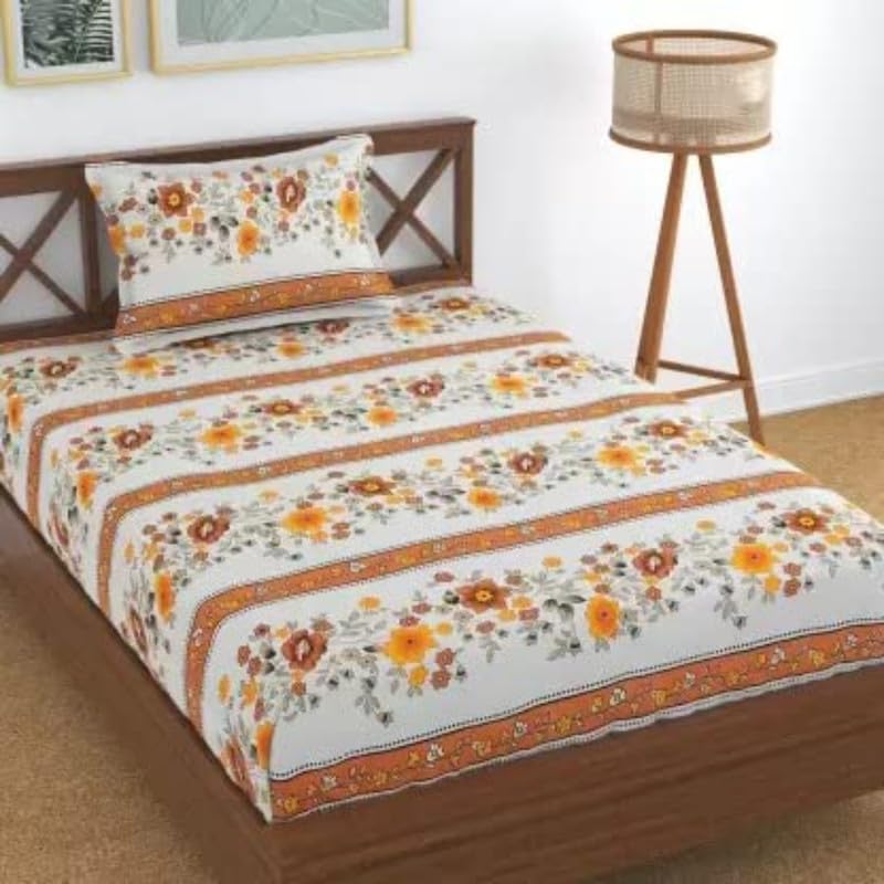 Vaastu Furnishings Skin Friendly Ultrasoft Prime Collection Printed Flat 1 Single Bedsheet with 1 Pillow Cover (Size 60 x 90 Inch) - Orange Bail Gold Single1