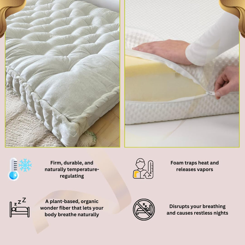 PShomes Organic White Cotton Mattress with Anti-Sag Guarantee | 3X6Ft | Hypoallergenic | Breathable | Foldable Orthopaedic Single Bed | Diamond Stitching | Box Gadda | Eco-Friendly +2cushionC