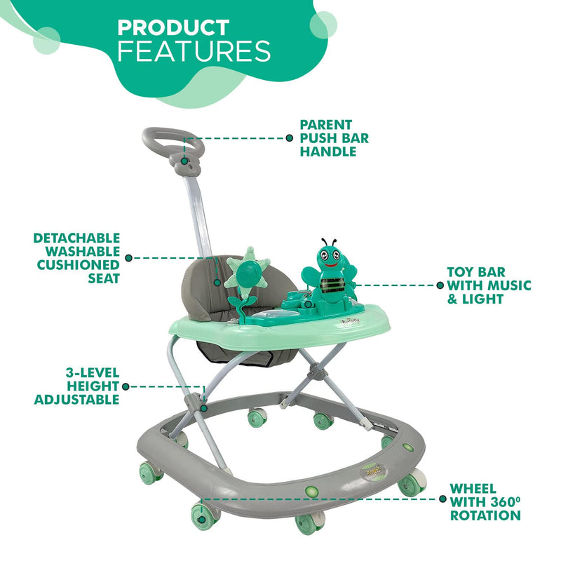 Dash Butterfly Deluxe Baby Walker with 3 Position Adjustable Height Music & Light & Parental Handle, Foldable Activity Walker, Baby 6-18 Months boy, Walker for Kids (Capacity 20kg | Green)