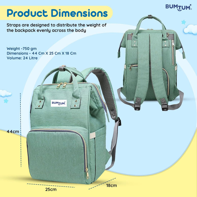 Bumtum Baby Diaper Bag for Mothers | Spacious Waterproof Backpack with Multiple Pockets to Easily Organise Baby Essentials, Various Sized Pockets (Green)