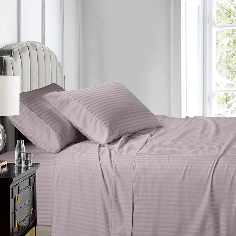 Split-King, Lilac : Split-King: Adjustable King Bed Sheets 5PC Stripe Lilac 100% Cotton 600-Thread-Count, Deep Pocket