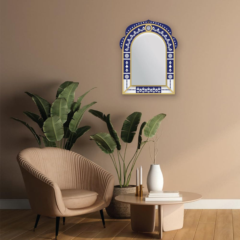 bambaiSe Midnight Blue and White Jarokha Wall Art with Acrylic Mirror, Wall Hanging décor