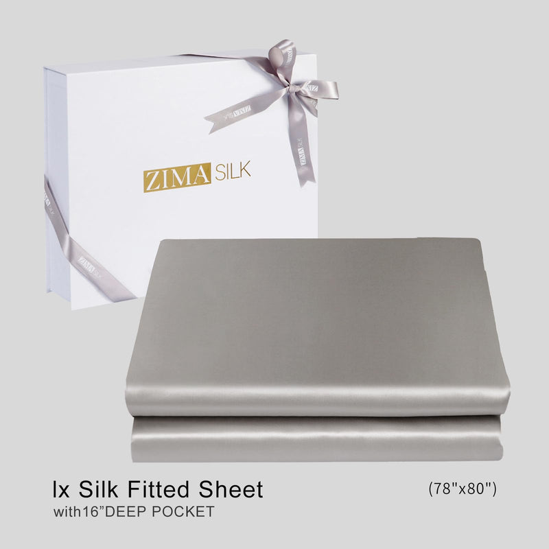 ZIMASILK 100% Mulberry Silk Fitted Sheet,Seamless with Deep Pocket,Both Sides 19 Momme Silk, 1pc (King 78''x80''+16”,Slive Grey)