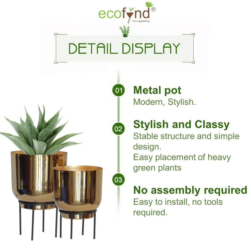 ecofynd Eva Metal Plant Pot with Stand (7.8 inch, 9 inch) | Indoor Outdoor Home Decor Item for Garden Plants Flower, Balcony, Patio, Living Room, Garden, Bedroom (Pack of 2, PWS027)