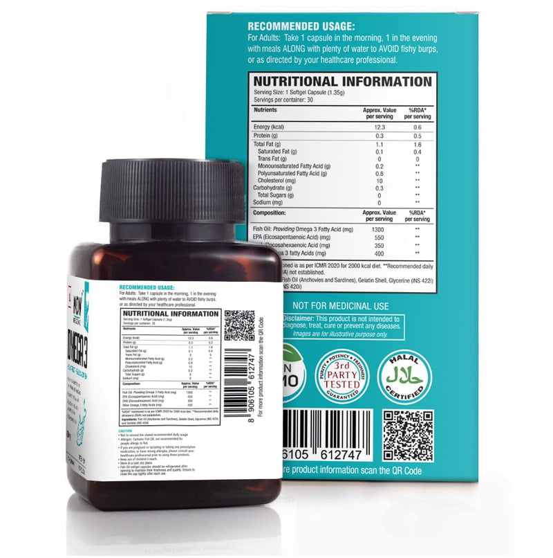 WOW Life Science Omega-3 Fish Oil 1300mg - 30 Capsules| For Men & Women | 3X Strength - 550 mg EPA & 350 mg DHA| For Muscle & Joint Support, Healthy Heart & Cognitive Support| No Fishy Burps