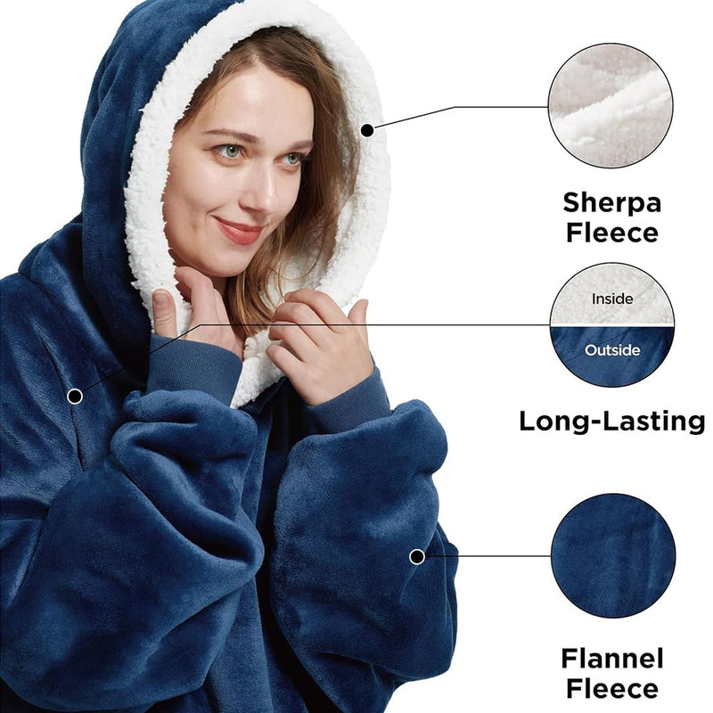 ecoCalm Sherpa Blanket Hoodie, Wearable Blanket with Sleeves and Deep Pockets, Hooded Winter Blanket Sweatshirt for Women/Men/Sofa/Bedroom/Travel/Outdoor Use (Blue, 1.2m)