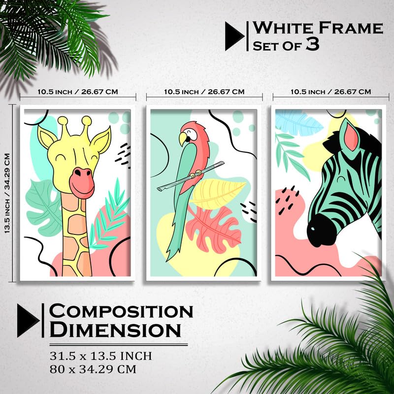 SAF paintings Set of 3 Animals Boho modern art design Premium white Framed Bohemian wall painting for for Wall, Home and Living Room Decoration 80 cms x 34.29 cms COMBO-2012-K3