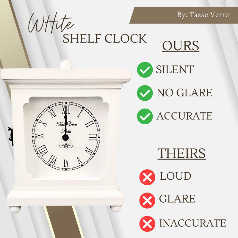 Tasse Verre Wood Clock for Shelf Table Or Desk 9"x7" - Farmhouse Decor White Mechanical Quiet Silent - Office, Bedroom Fireplace Mantel Living Family Room. AA Battery Operated Non-Digital