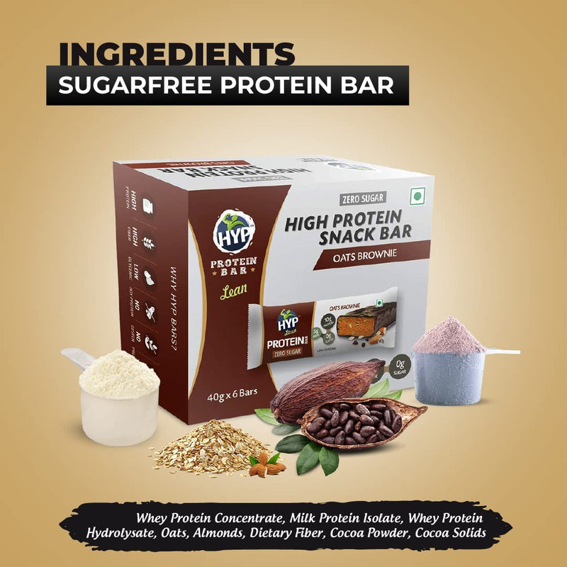 HYP Sugarfree Protein Bar, Oats Brownie (6x40g) | No added Sugar | Triple Blend Protein | 10g Protein Energy Bar | Gluten-free Oats Brownie Protein Bars | Sugarfree Protein Bar | Ready to eat foods