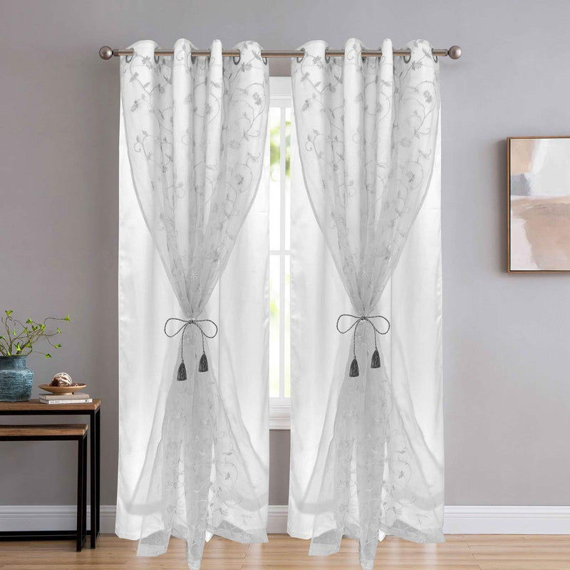 JVIN FAB 2 In 1 Cotton Floral Embroidery 80% Blackout Window Double Grommet Curtains (Transparent White, 8 Ft) -Pooja Room/Living Room/Dining Hall/Hotel/Bedroom/Kid Room/Kitchen - Set Of 2 Pieces