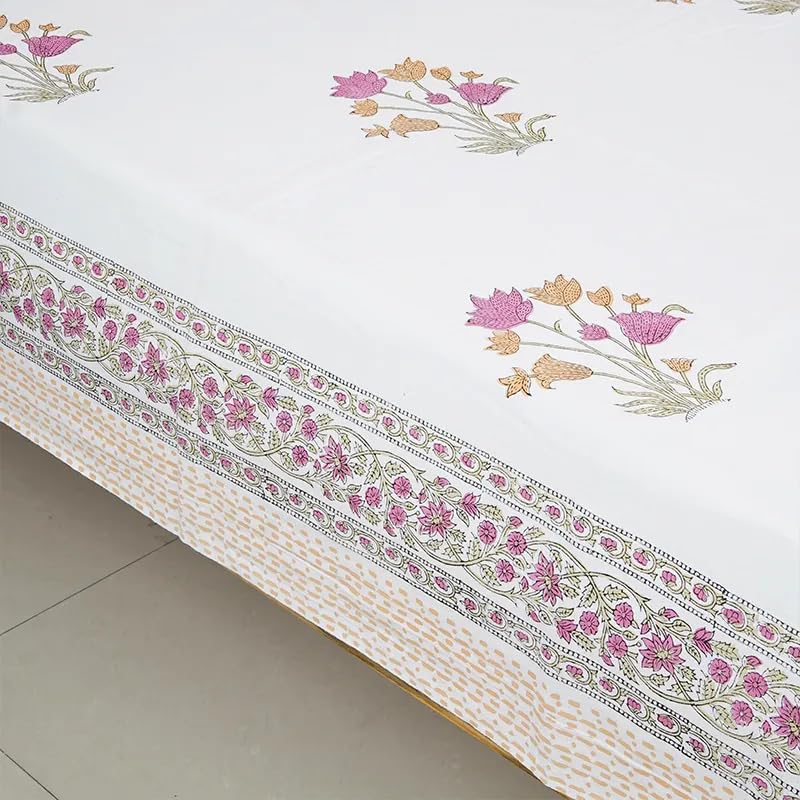 THE JAIPUR WALA Hand Block Printed Pure Cotton Bedsheet-Set White Valley King Size