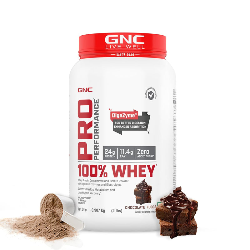 GNC Pro Performance 100% Whey Protein Powder | Boosts Strength & Endurance | Builds Lean Muscles | Fastens Muscle Recovery | Formulated In USA | 24g Protein | 5.5g BCAA | Chocolate Fudge | 2 lbs