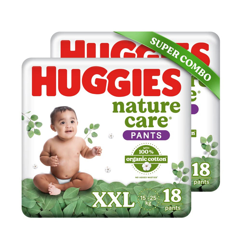 Huggies Nature Care Pants, Double Extra Large Size (15-25 Kg) Premium Baby Diaper Pants, Combo Pack 36 Count, Made with 100% Organic Cotton