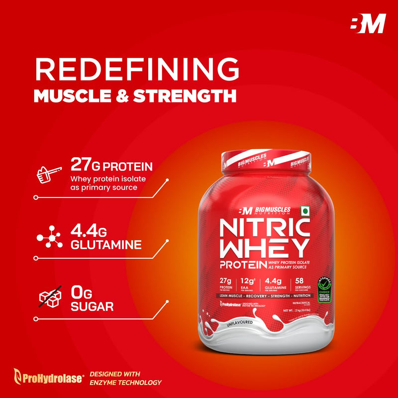 Bigmuscles Nutrition Nitric Whey Protein | 27g Isolate Whey Protein | Informed Choice UK Certified | ProHydrolase Enzyme Tech. for Faster Absorption & Lean Muscle Growth | Unflavoured | 1Kg