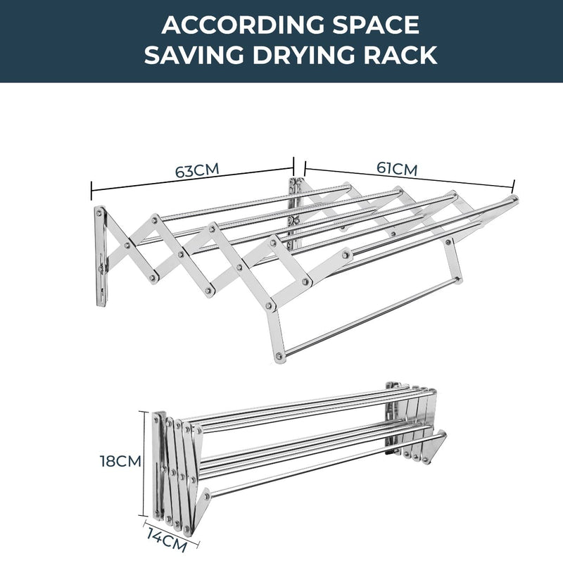 homWell Heavy Duty Stainless Steel 9 Rod X 2 Feet Foldable Wall Mounted Cloth Drying Stand for Balcony/Cloth Dryer Racks/Towel Stand/Clothes Stand for Drying