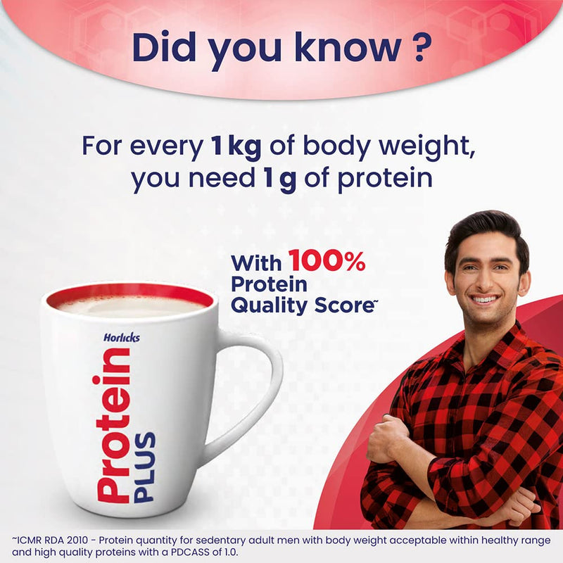 Horlicks Protein Plus Vanilla High Protein Drink for Adults 400 g Jar, Whey, Soy & Casein Powder Blend - For Muscle Mass & Strength, Veg