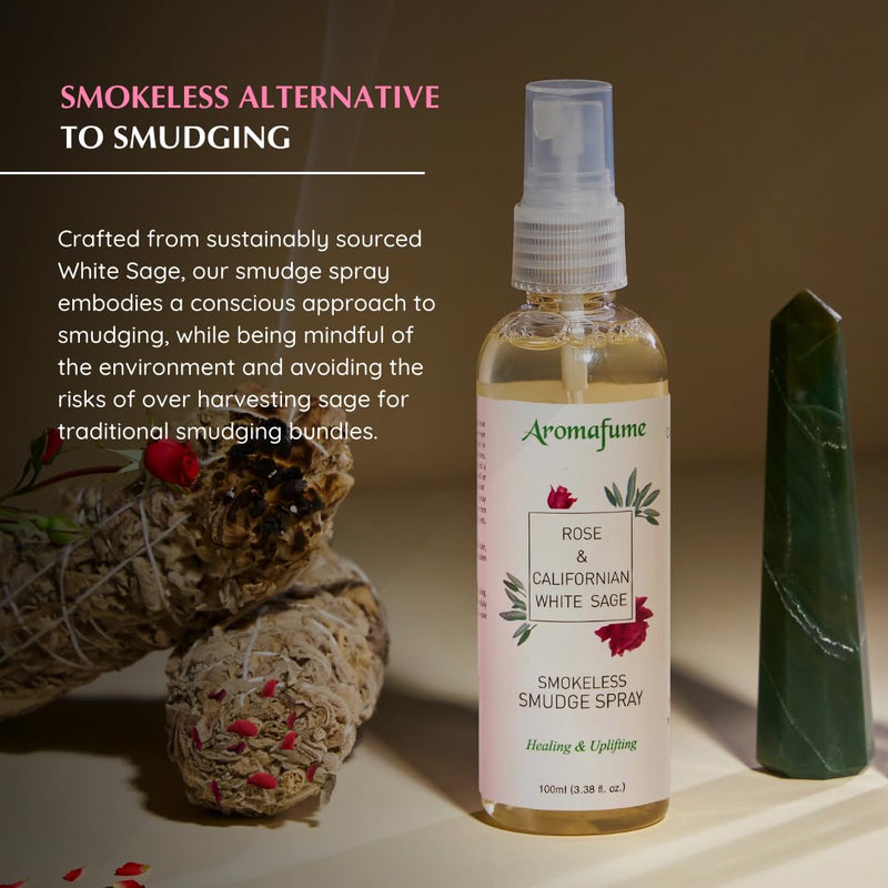 White Sage & Rose Smudge Spray by Aromafume | 100ml/3.3 oz | Sage Spray for Cleansing Negative Energy & Protection | Non-Toxic | Room Spray for Spiritual Cleansing, Smokeless Sage Smudging