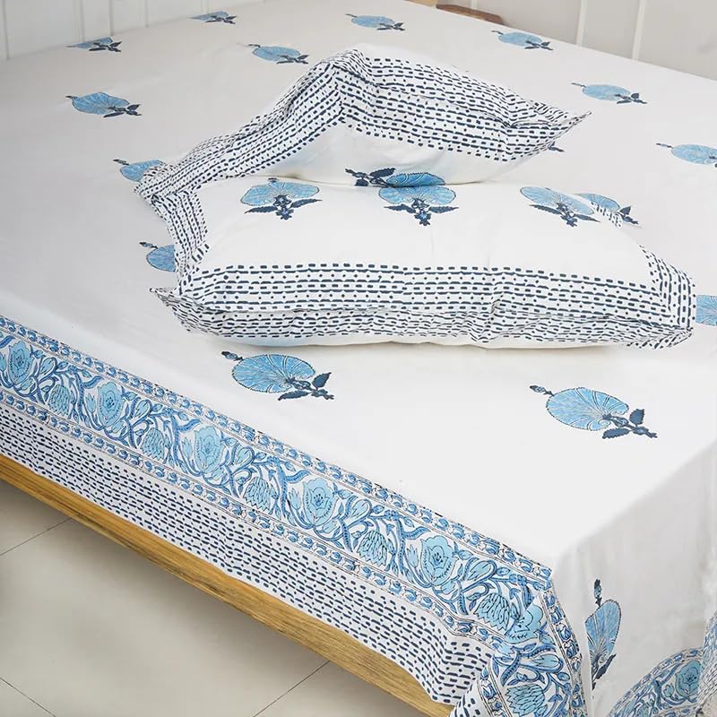 THE JAIPUR WALA Premium Hand Block Printed Pure Cotton Bedsheet-Set King Size (Floral Blue)