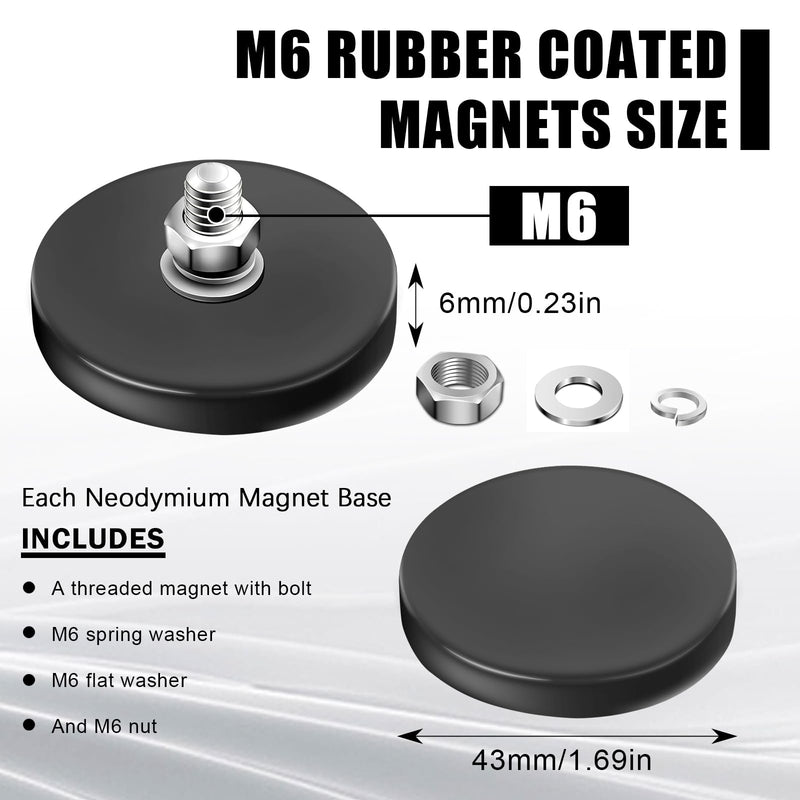 AHIER 12Pack Rubber Coated Magnets, Neodymium Magnet Base with M6 Threaded Studs, Non-Slip Strong Mounting Magnet Stud Magnet for Light Bar Mirror Camera Tool