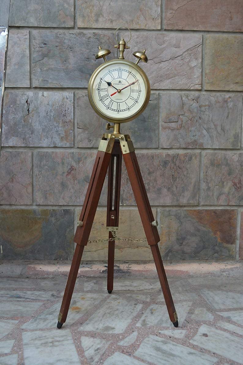 R.I Royal Instrument Antique Two Bell Wooden & Metal Tripod Clock for Home Decor