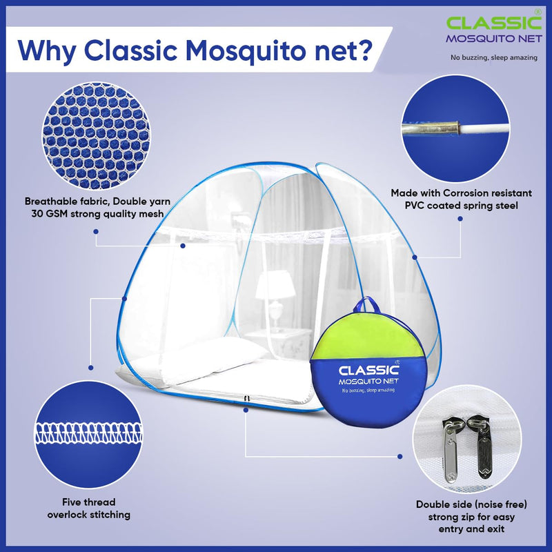 Classic Mosquito Net for Double Bed | King Size Embroidery Foldable Machardani | Polyester 30GSM Strong Net | PVC Coated Corrosion Resistant Steel Wire - Blue