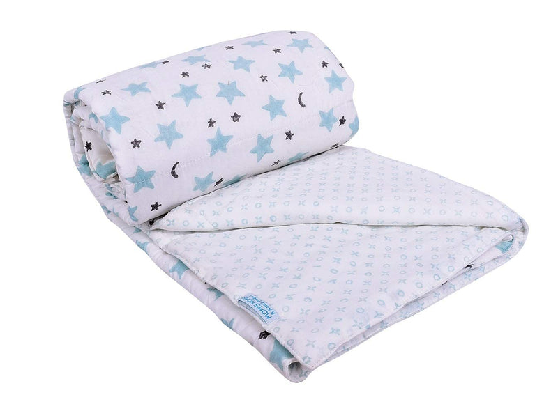 MOM'S HOME Cotton Quilt Blanket Cum Bedspread for Baby (110 x 120 cm; 0-3 Years) - Blue Star