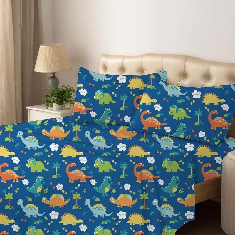 Bhoomi Impex 100% Microfiber Bedsheet for King Bed with 2 Pillow Covers Breathable | Fun and Durable King Bed Sheet - Blue Dinosaur