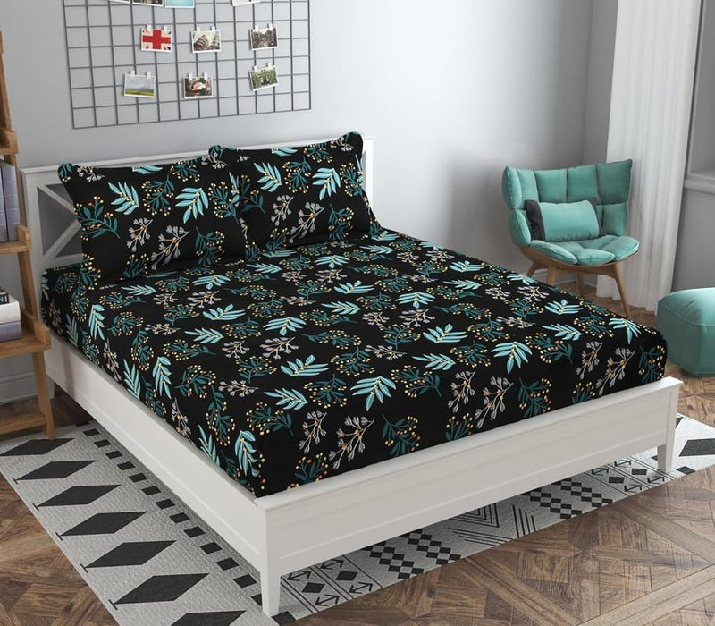 Vaastu Furnishings Prime Collection Supersoft Glace Cotton 1 Double Bedsheet with 2 Pillow Covers (Multicolour, Size 90 x 90 Inch) - Black Blue Pattiyan-Safari