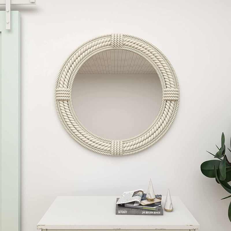 SRA Home Deco Handmade Wooden Antique Frame Round Wall-Mounted Rope Mirror, Mirror for Bedroom, Bathroom, Living Room, Wall Basin, Study Room, Office, White (12" Inches Round)