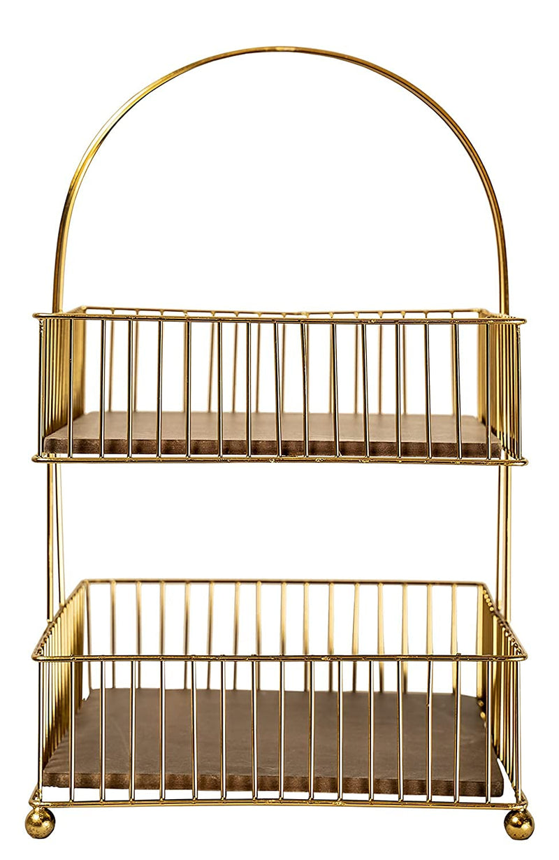 Craft Brio -A TRENDY HANDICRAFTS Metal and Wood Decorative Storage for Fruit Spice Vegetable Baskets in Kitchens - (Gold, Medium) 2 Tier, Hanging Shelves