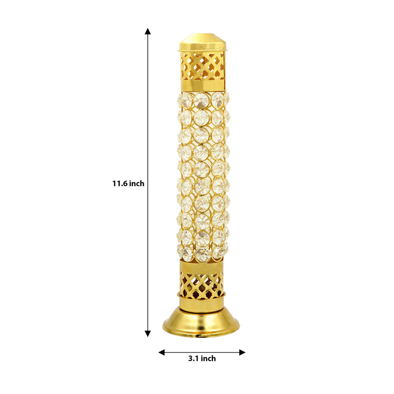 Shubhkart Nitya Brass Crystal Incense Holder with Ash Catcher | Agarbatti Holder | Brass Incense Burner for Home Office Diwali Puja Gifts Decor (11.6 Inch Height) - 235 GMS