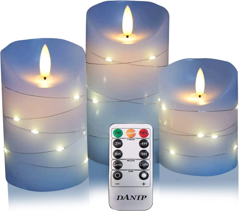 DANIP Sky Blue LED Flameless Candle, with embedded star string, 3-piece set of LED candles, with 11 button remote control, 24-hour timer function, dancing flames, real wax, battery powered. (Sky Blue)